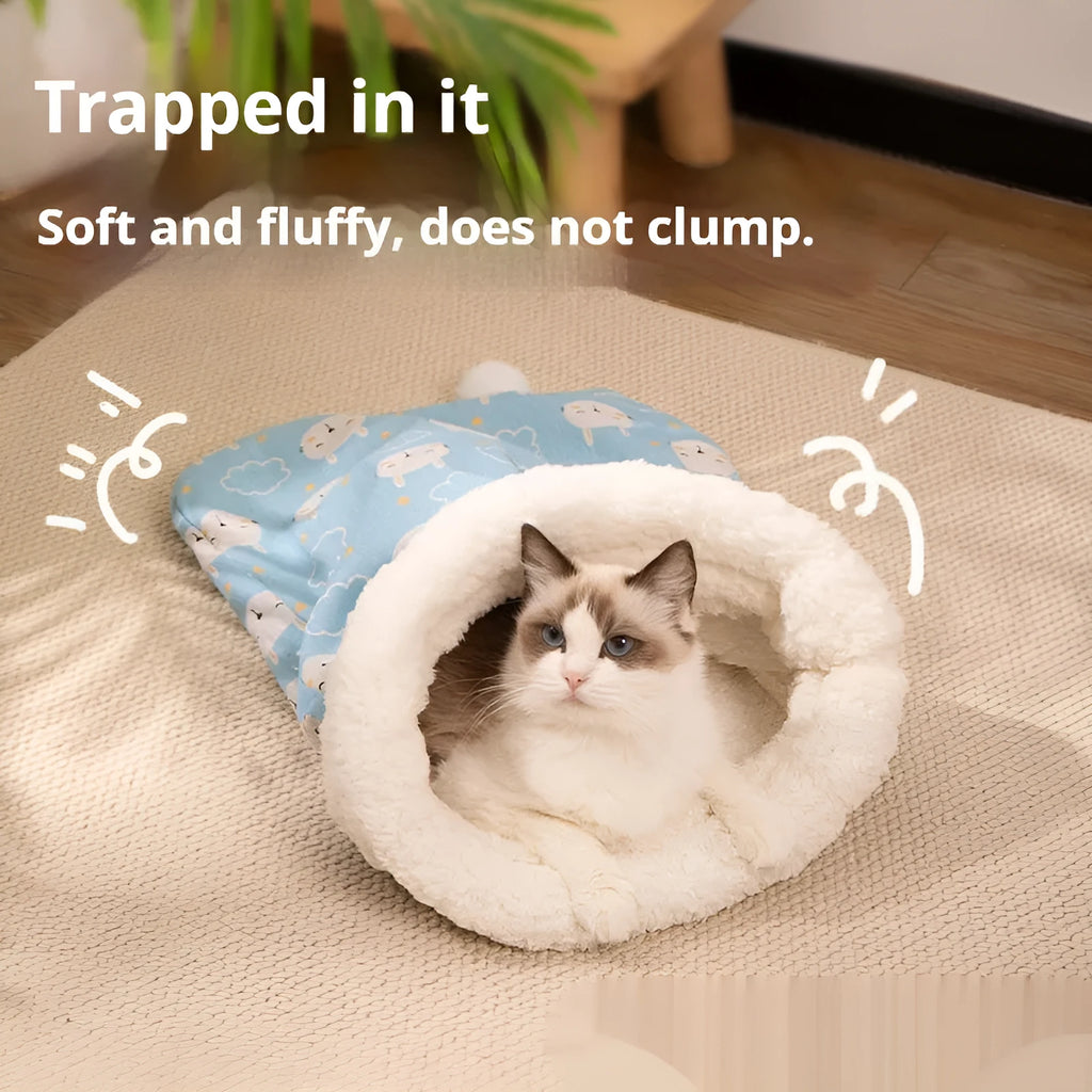 Blue rabbit design flannel cat sleeping bag nest bed measuring 50 by 40 centimetres.