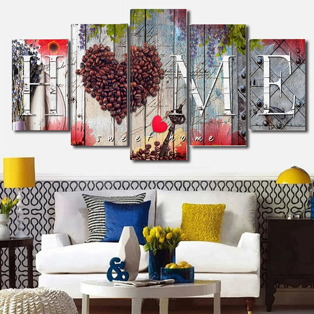 Set of five red unframed oil painting canvases in various sizes for wall decoration.