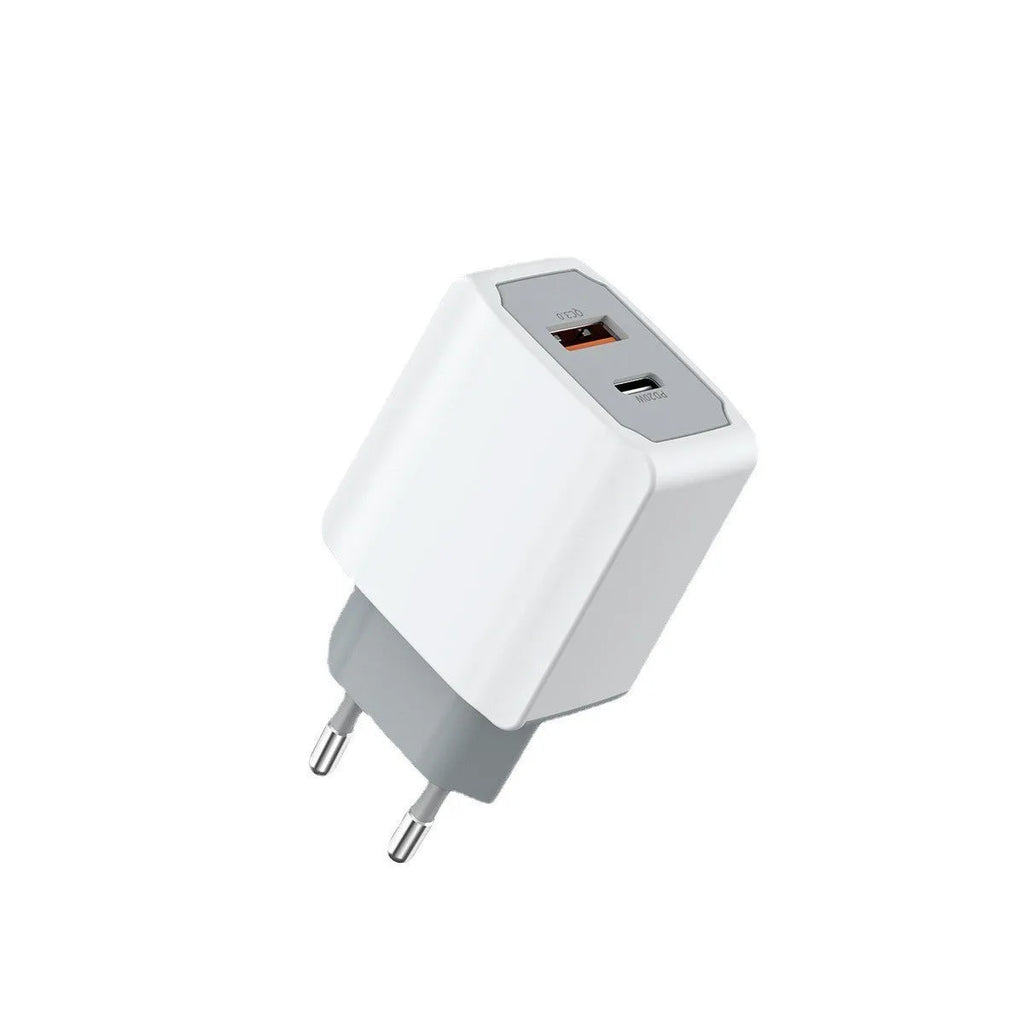 White universal phone fast charger set with compact fireproof charging head and cable.