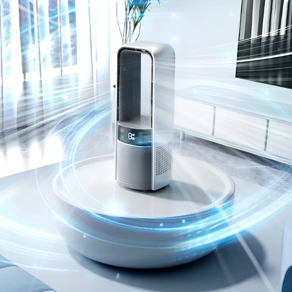 Light grey bladeless twin-turbo fan with digital display, remote control, and 3500mAh USB battery.