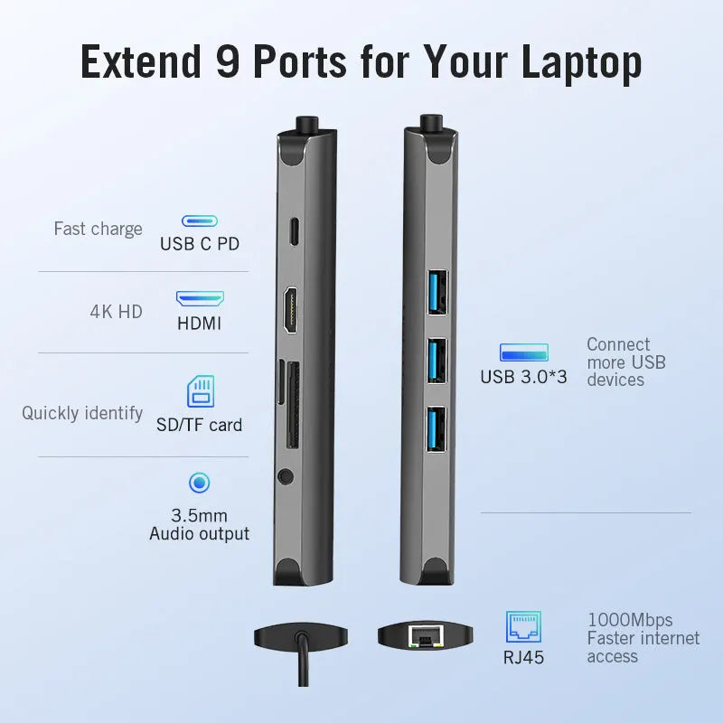 Deep grey aluminium alloy USB Type-C hub with HDMI, USB, Ethernet, and card reader ports on a 0.15m cable.