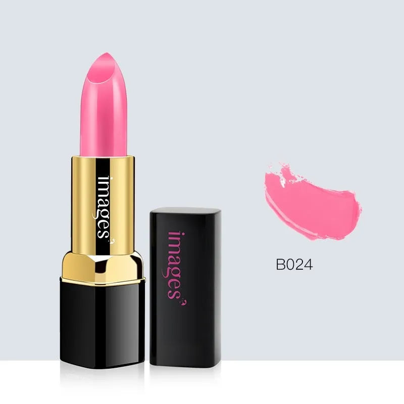 Lipstick lip gloss in a case showing colour range including coral red, bright orange, and Barbie pink.