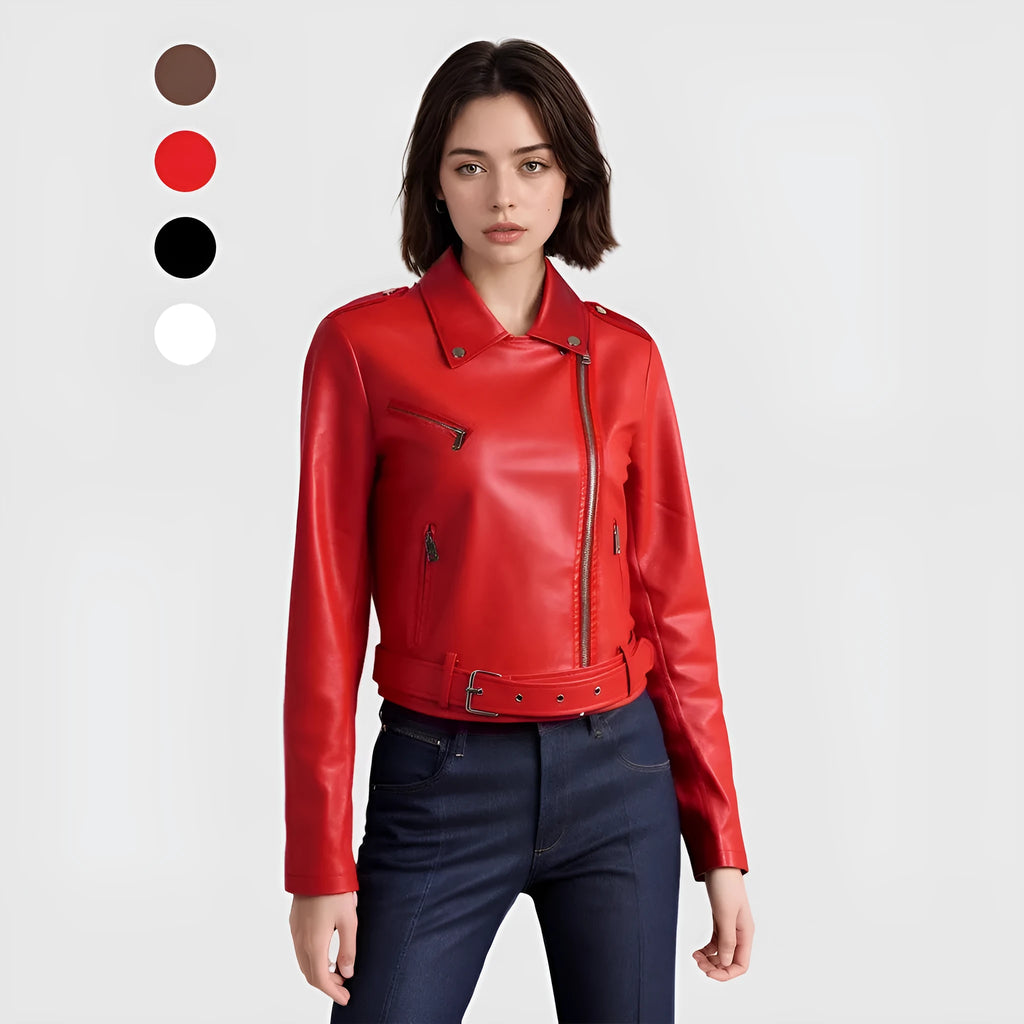 Women's short black PU leather jacket with lapel collar and an adjustable waist belt on a hanger.