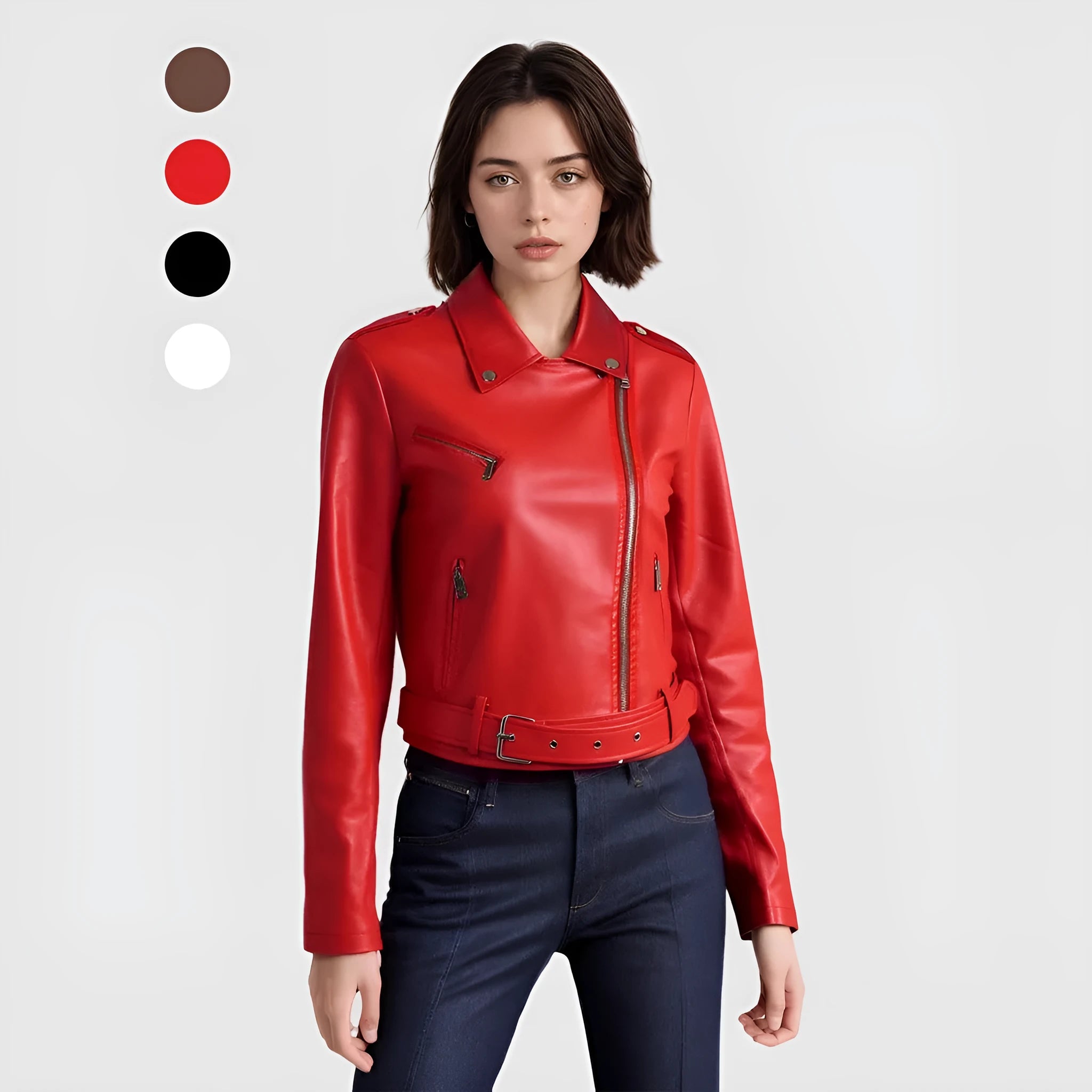 Women's short black PU leather jacket with lapel collar and an adjustable waist belt on a hanger.