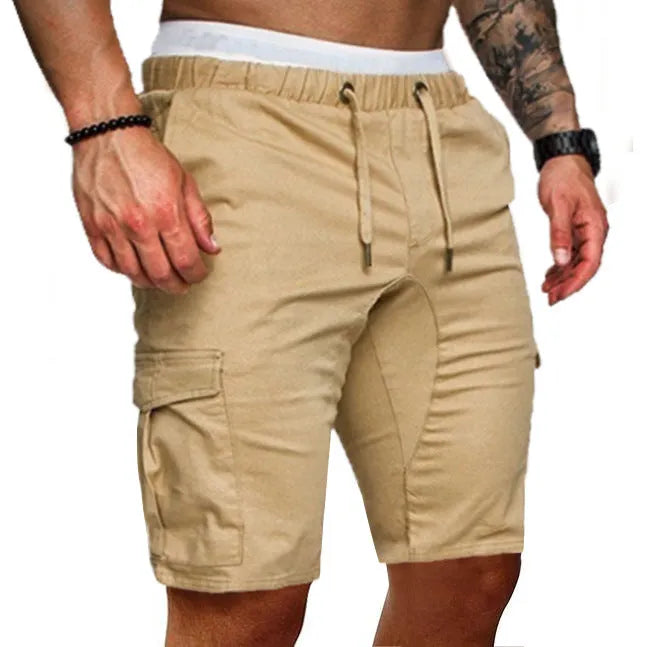 Casual cotton blend multi-pocket men's shorts in Army Green, front view, sizes S-3XL