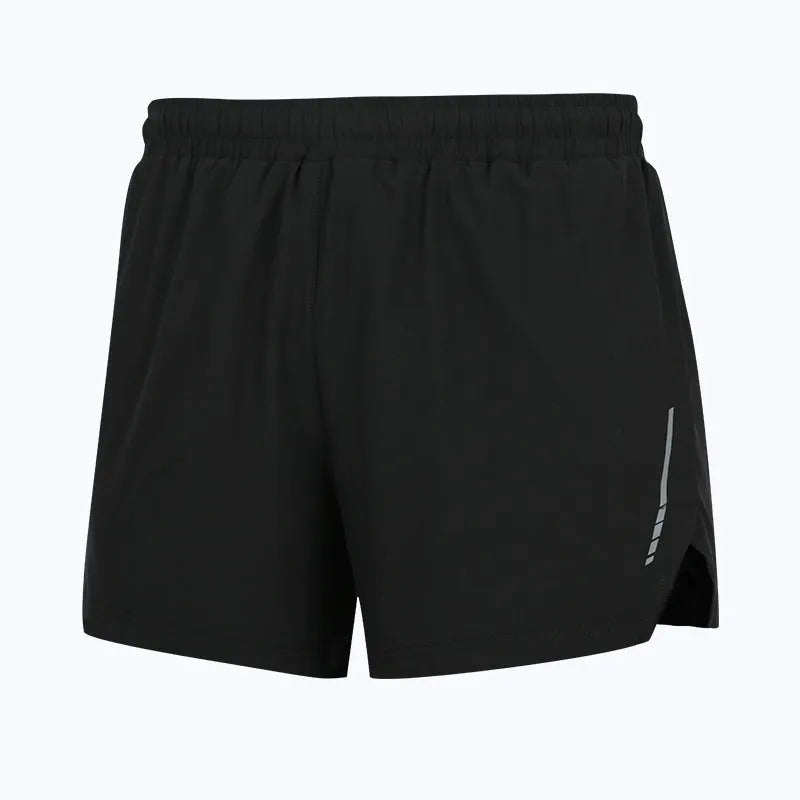 Straight-leg running shorts in grey, shown on a neutral model, highlighting the quick-dry polyester fabric.