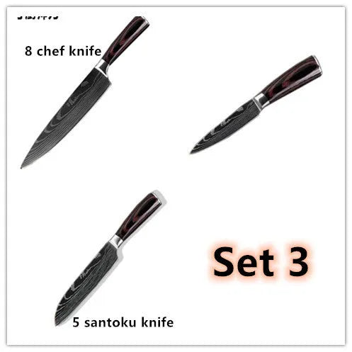 7Cr17 stainless steel kitchen knife with laser Damascus pattern on blade and colour steel handle.