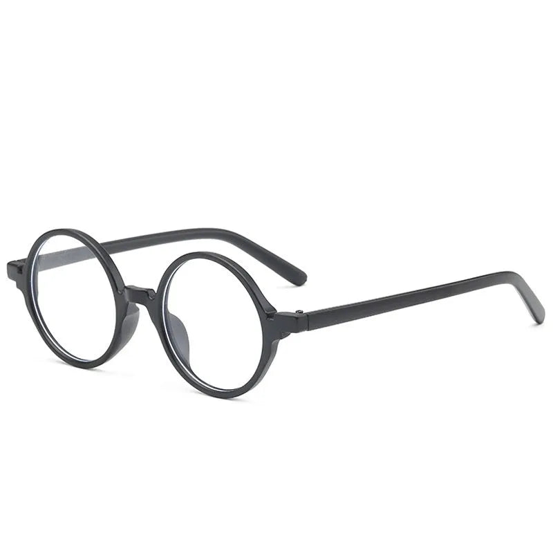 Artistic retro round glasses frame in bright black, sand black, tofu pudding, and transparent grey colours.