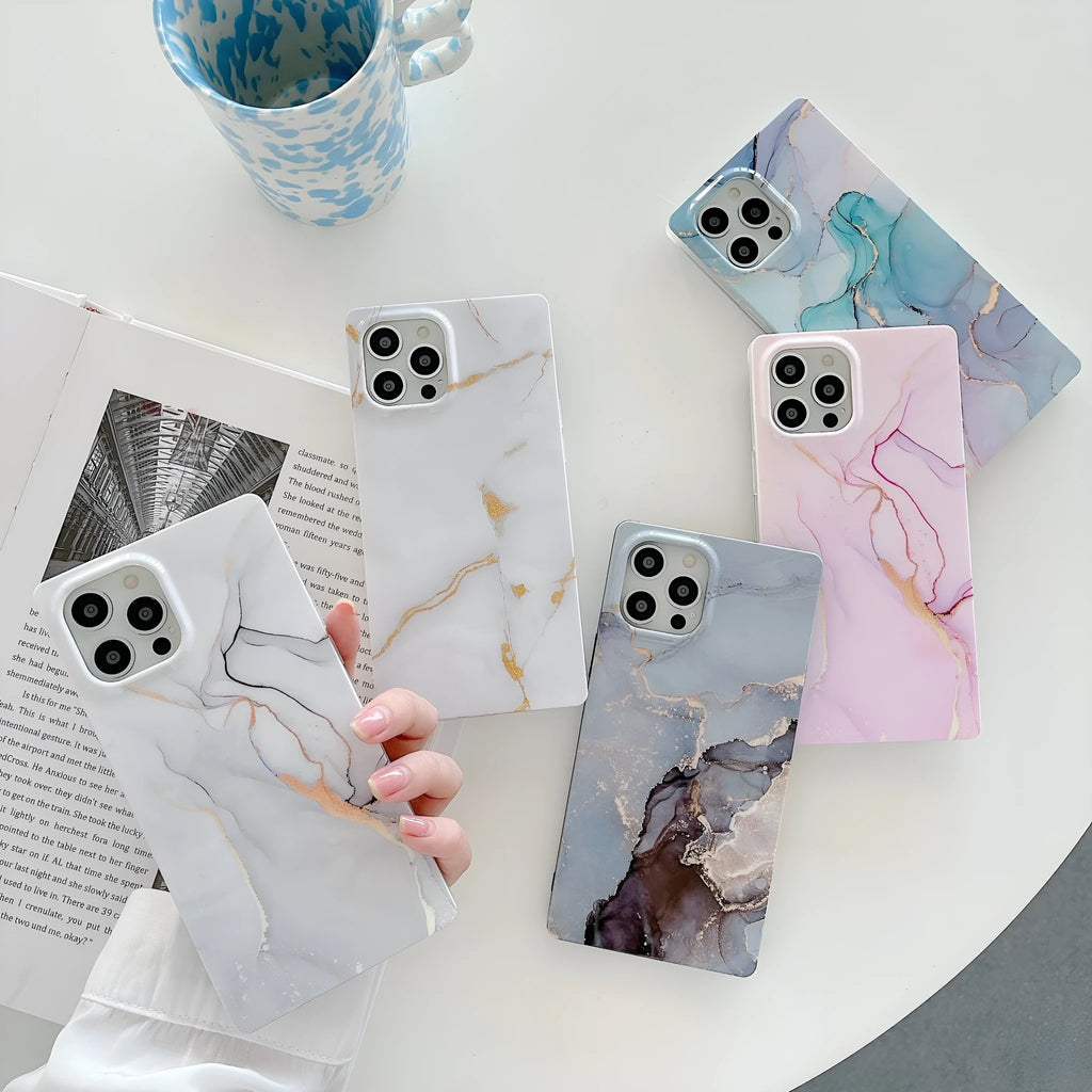 Square gilt marble silicone straight edge phone case with marble print in grey gold colour