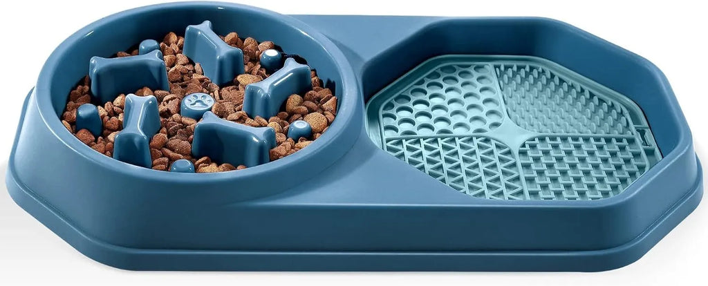 Blue slow feeder dog bowl with maze pattern for interactive feeding, showing non-slip pads on base.