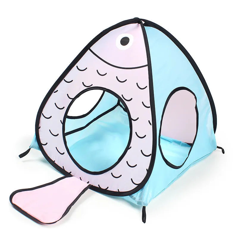 Foldable PP plastic cat tent and tunnel play set with cat and fish print design