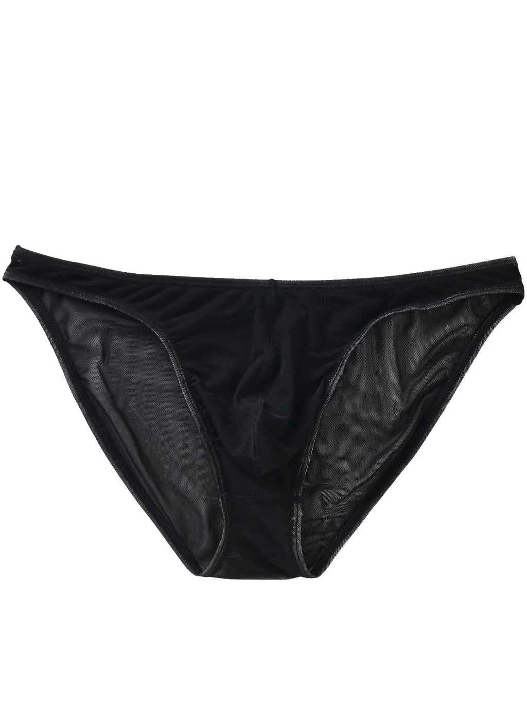 Man's black ice silk nylon mid-waist briefs laid flat, showing triangle cut and knit texture.