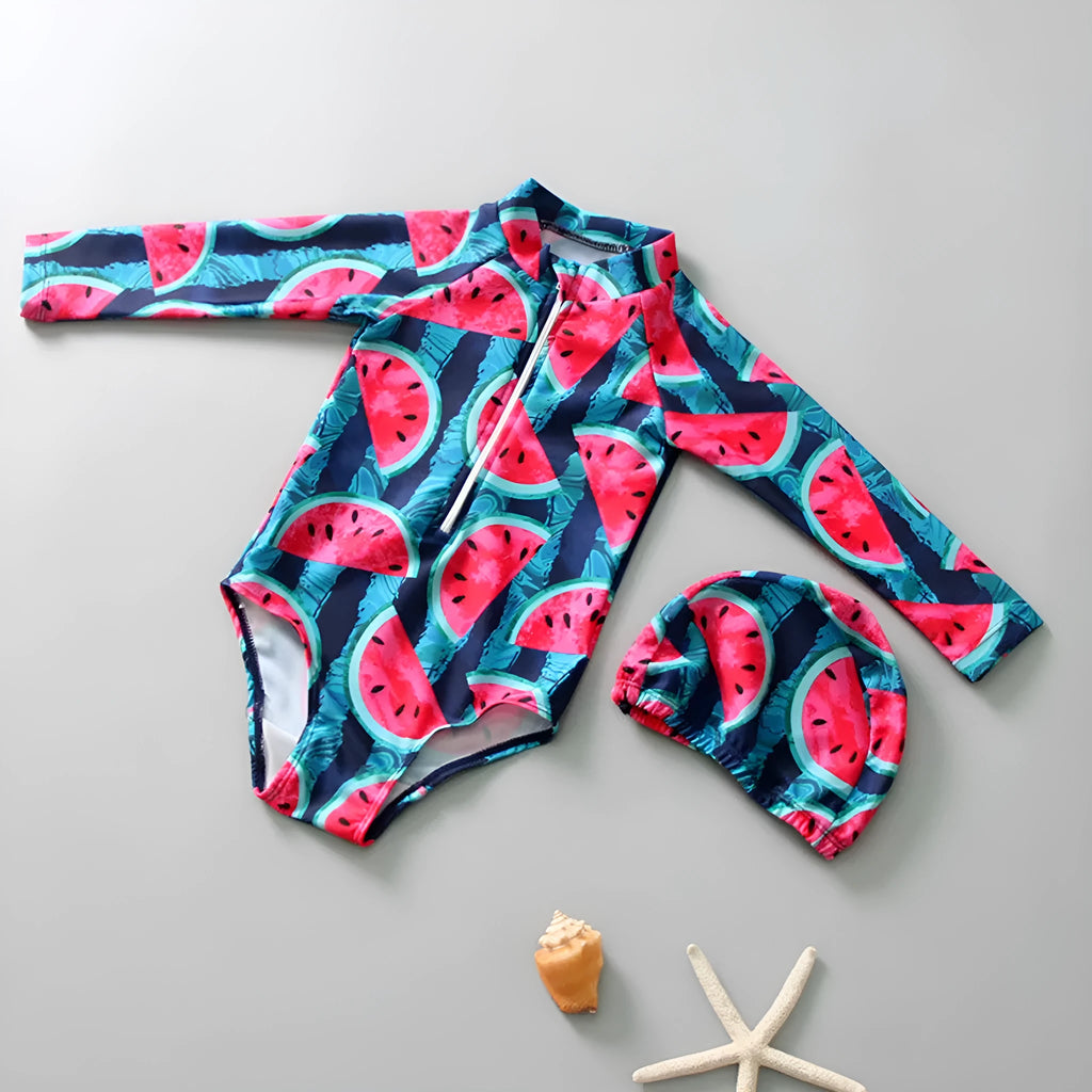 Children's long sleeve swimsuit set with watermelon fruit print on polyester fabric, size S-XL