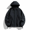 Windproof rabbit fur modal hooded jacket in a loose fit, shown in one of four colour options: ivory white, black, duck shit green, or phantom green.