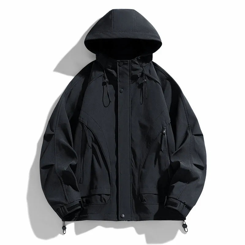 Windproof rabbit fur modal hooded jacket in a loose fit, shown in one of four colour options: ivory white, black, duck shit green, or phantom green.