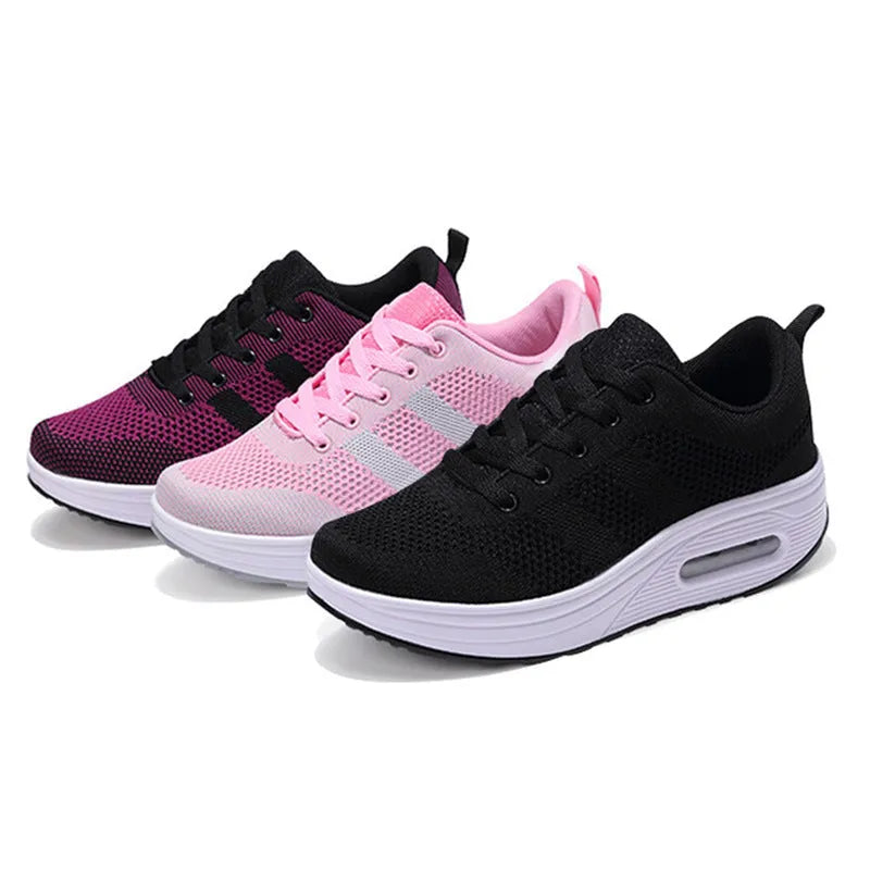 Women's solid colour platform casual shoes with flyknit upper and T-strap design