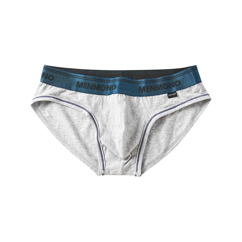 Men's low waist cotton briefs in a solid colour with contrast trim, shown in one of nine available colour combinations.