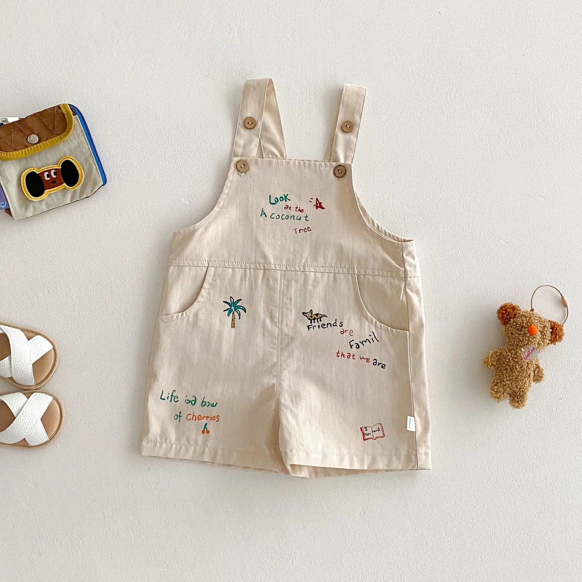 Baby cartoon suspender pants and t-shirt set in Korean style, cotton fabric, available in multiple colours for boys and girls