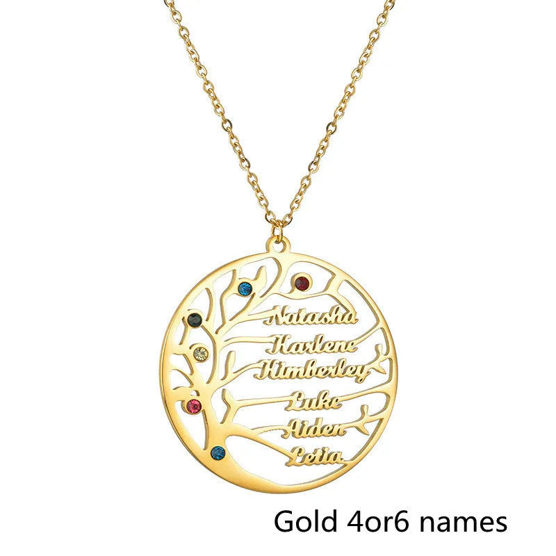 Personalised gold stainless steel Tree of Life necklace with custom name engraving on a white background