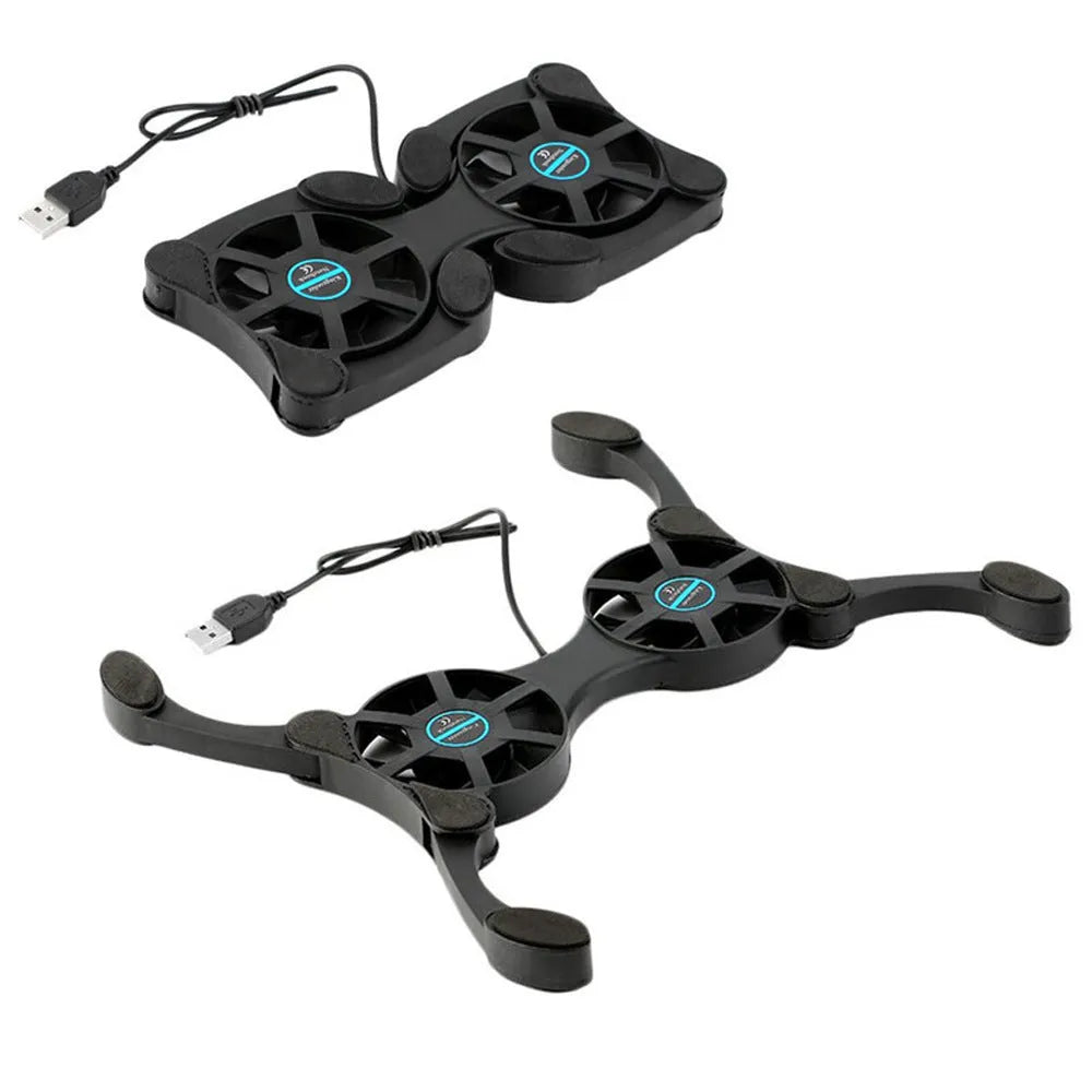 Portable folding cooling base for laptop radiator, black, with two 70mm fans and USB cable, unfolded on surface