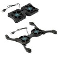 Portable folding cooling base for laptop radiator, black, with two 70mm fans and USB cable, unfolded on surface