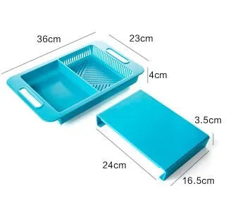 Blue multifunction kitchen chopping board with integrated plastic sink drain basket for vegetable preparation