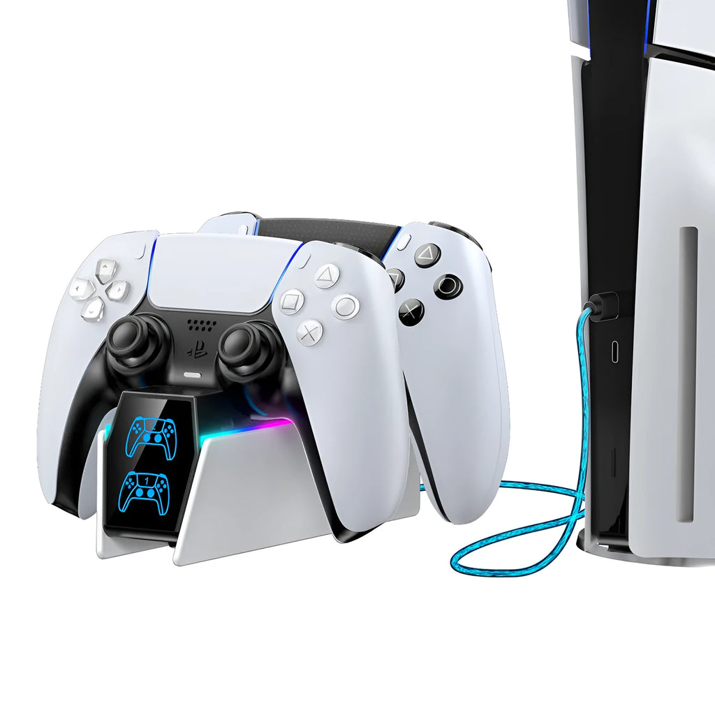 White wireless handle charger for PS5 controller with RGB LED indicator, ABS plastic, size 18.8x5.9x16.8cm