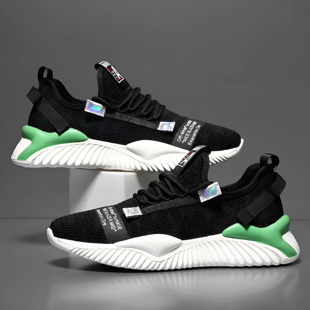 Men's breathable casual mesh shoes in black with flying woven upper and rubber sole