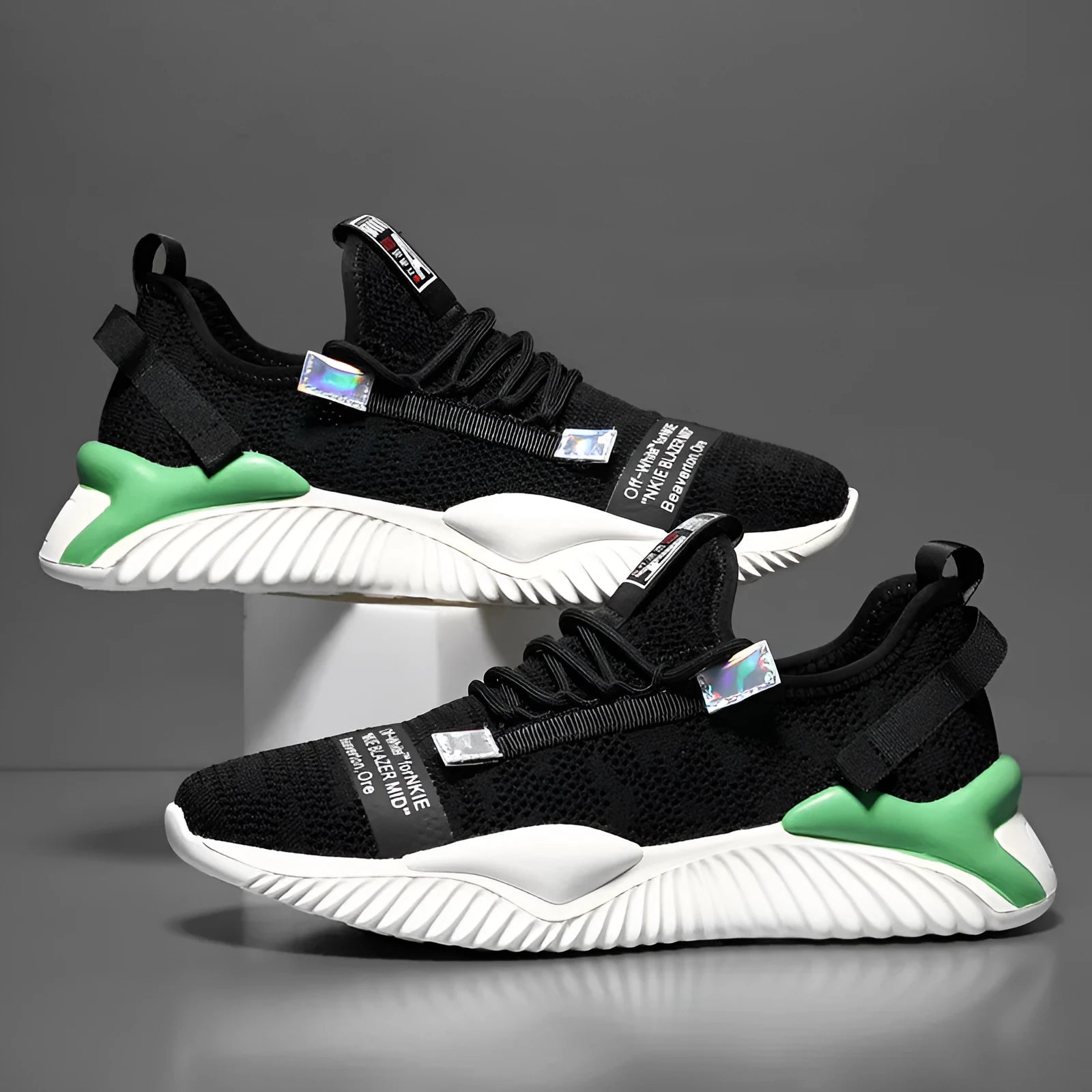 Men's breathable casual mesh shoes in black with flying woven upper and rubber sole