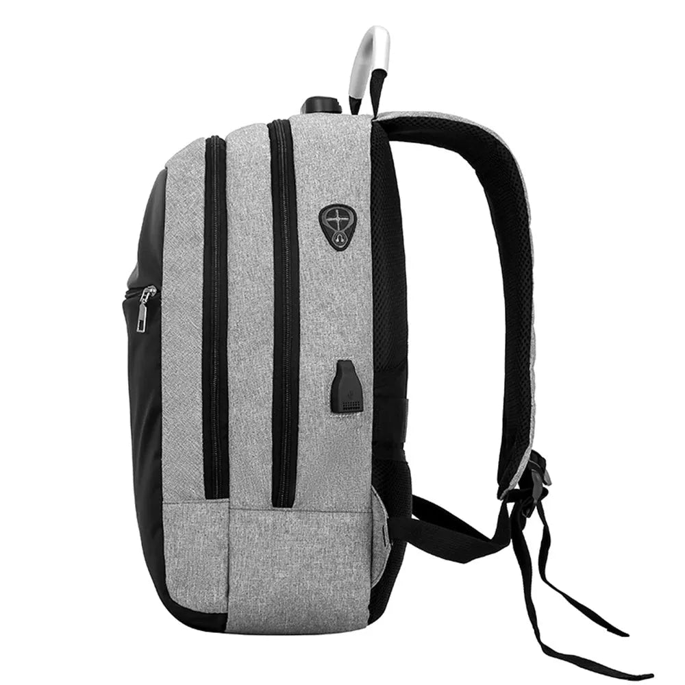 USB charge anti theft backpack in black polyester with zipper closure, 43x26x13cm, fits MacBook Air and iPad
