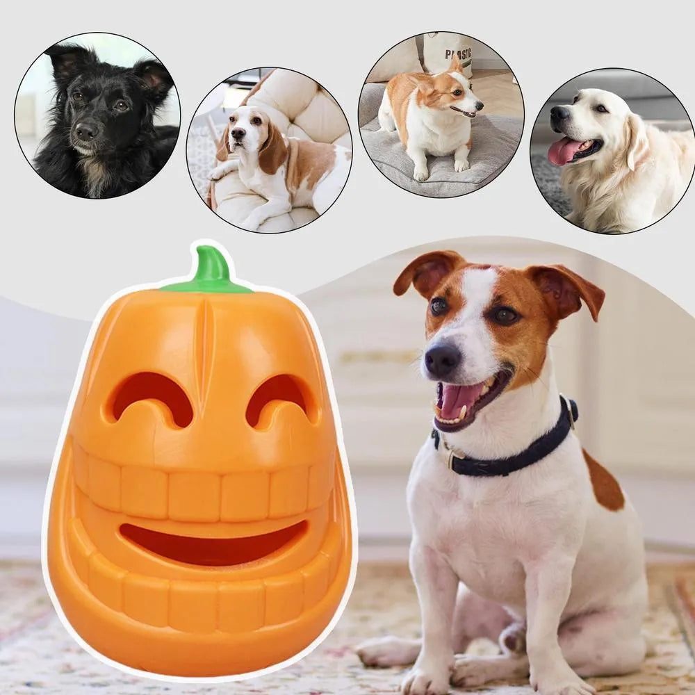 Yellow pumpkin-shaped TPR dog chew toy for aggressive chewers, showing textured ridges.