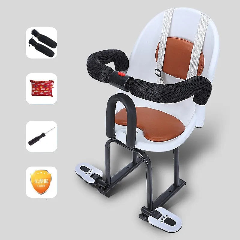 Front child safety seat for baby scooter with high carbon steel frame in black, red, or white colours