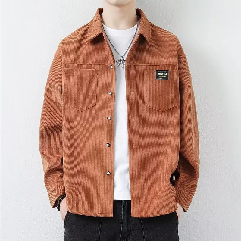 A man's long-sleeved corduroy cardigan jacket available in black, grey, khaki, and orange.