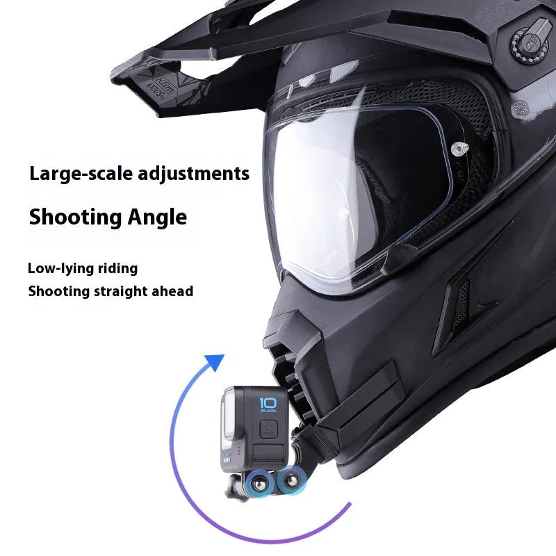 Motorcycle helmet chin camera bracket in black flexible PVC and ABS on a full-face helmet
