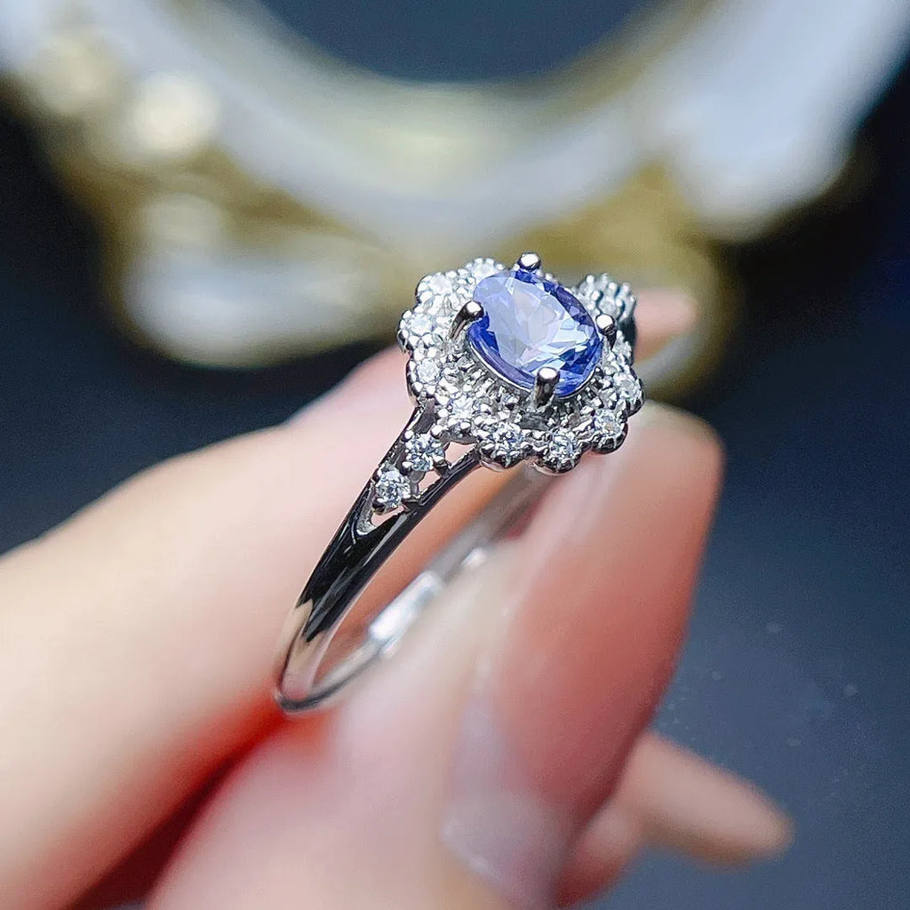 Natural tanzanite ring S925 silver adjustable open shank polished finish