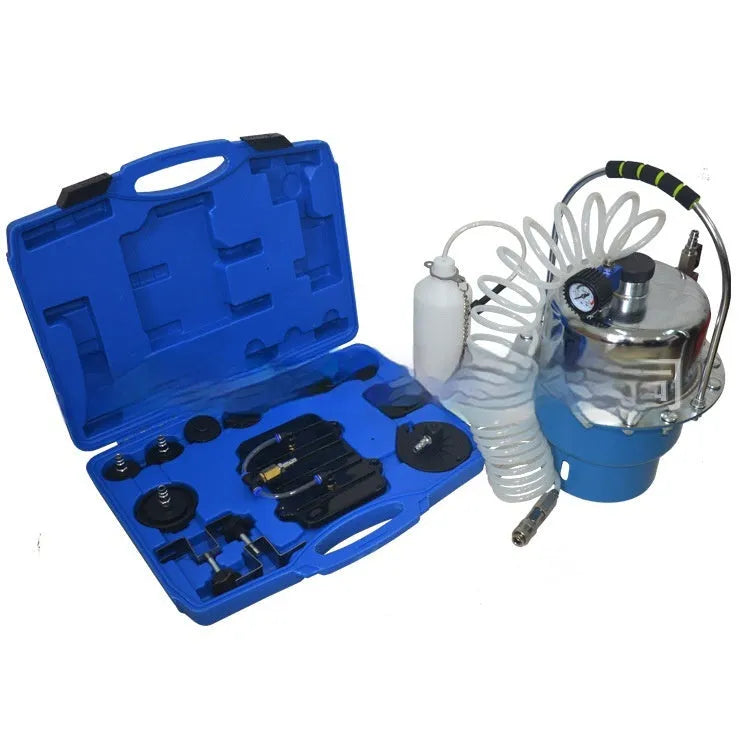 Pneumatic brake fluid replacement tool with 5L tank, pressure gauge, and adapter kit