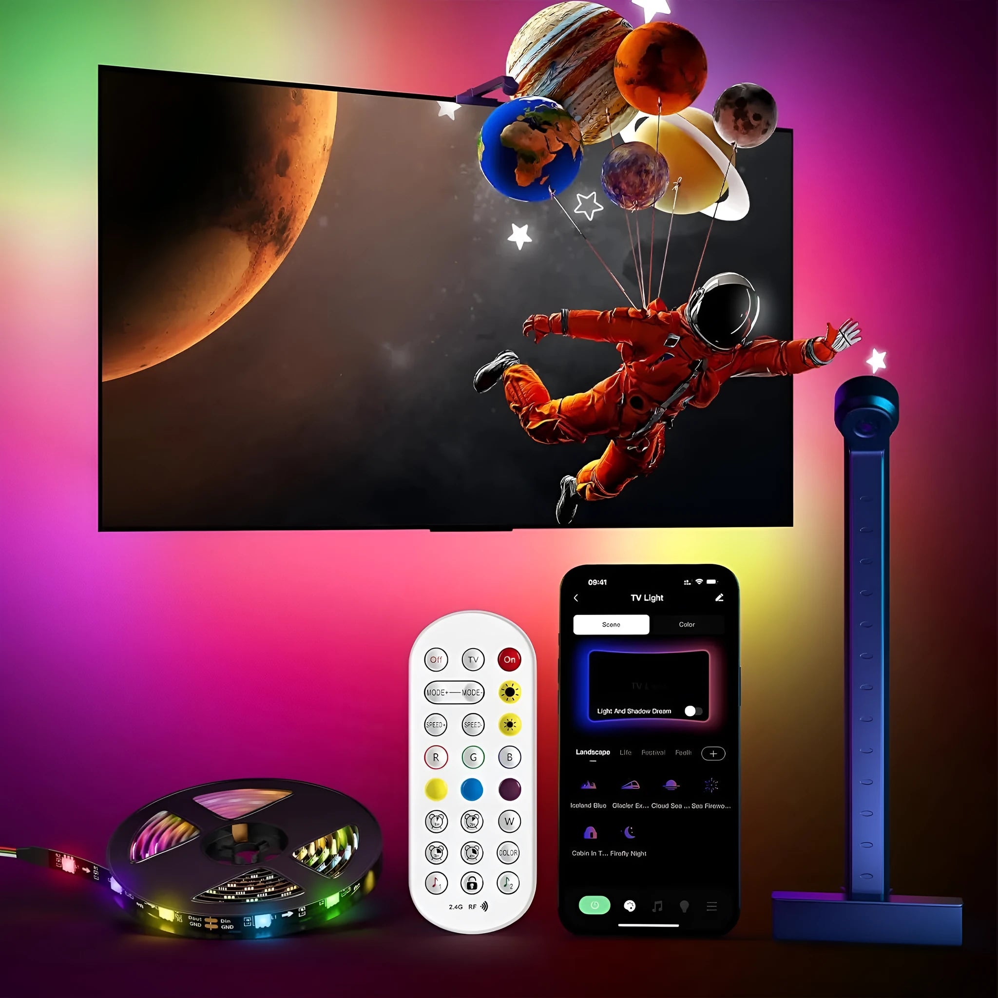 5 metre RGB LED strip lights with remote control for screen-synchronised desktop and TV background lighting