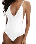 Women's V-neck one-piece swimsuit in solid colour on mannequin, showing size range S to 5XL