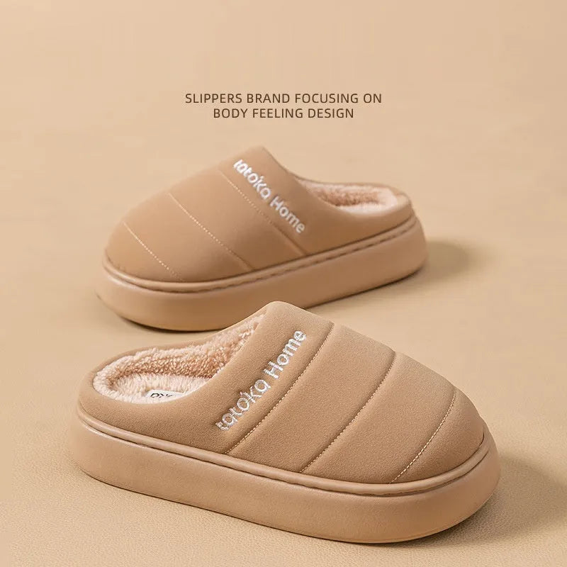 New cotton waterproof fleece lined non-slip platform slippers with EVA sole in khaki colour, flat heel 3.0 cm