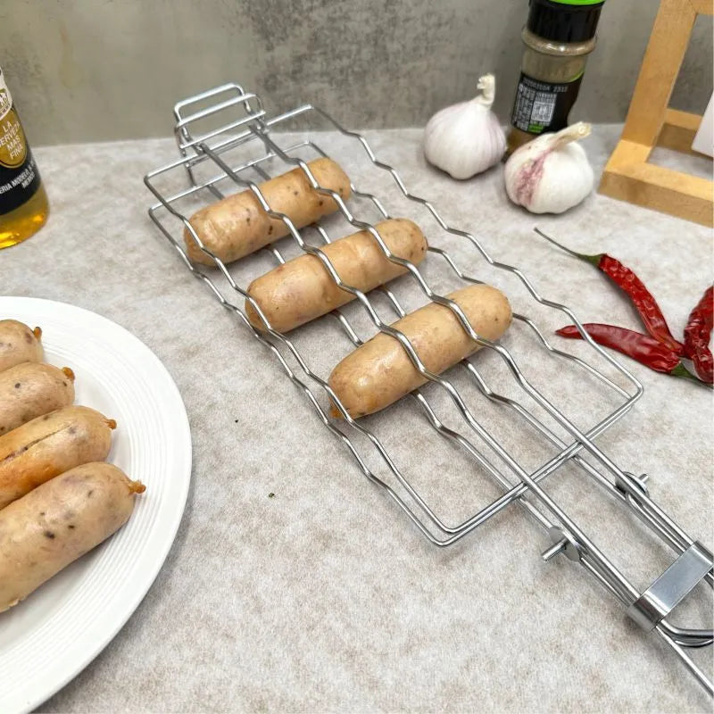 Stainless steel removable folding outdoor barbecue net, square modern style, with black handle, placed over charcoal fire.