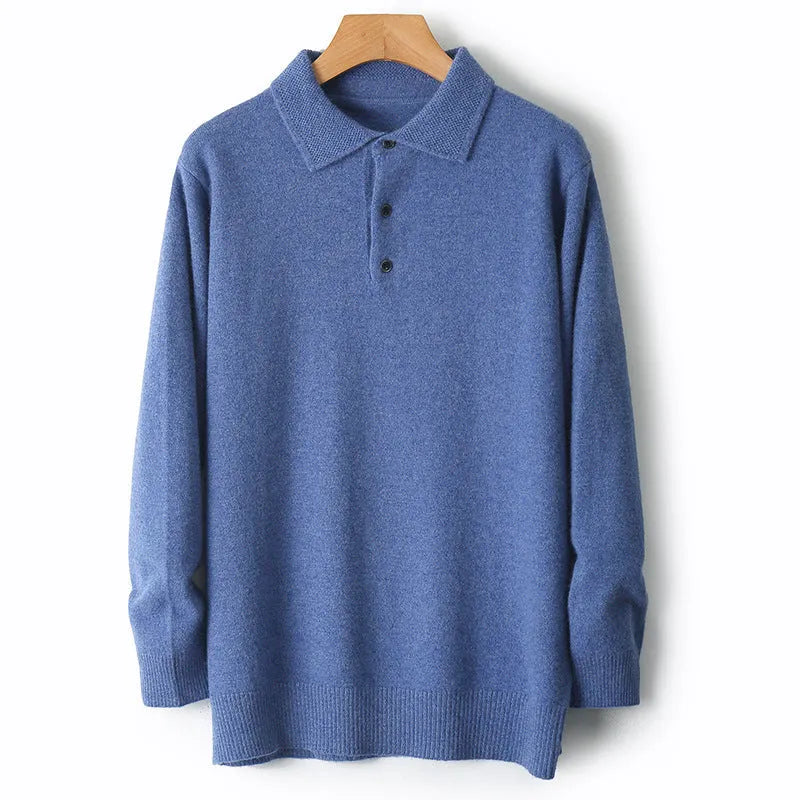 Men's grey polo collar wool blend pullover sweater on a hanger