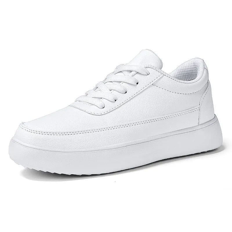 Women's white leather casual flat lace-up shoes on a neutral background, showing front and side views.
