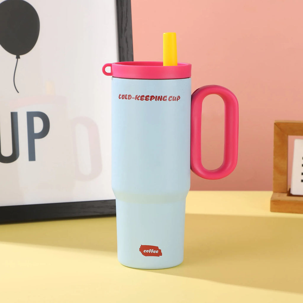 Large portable ice bucket cup with handle and straw in five colour options: black, pink, sky blue, white, and yellow.