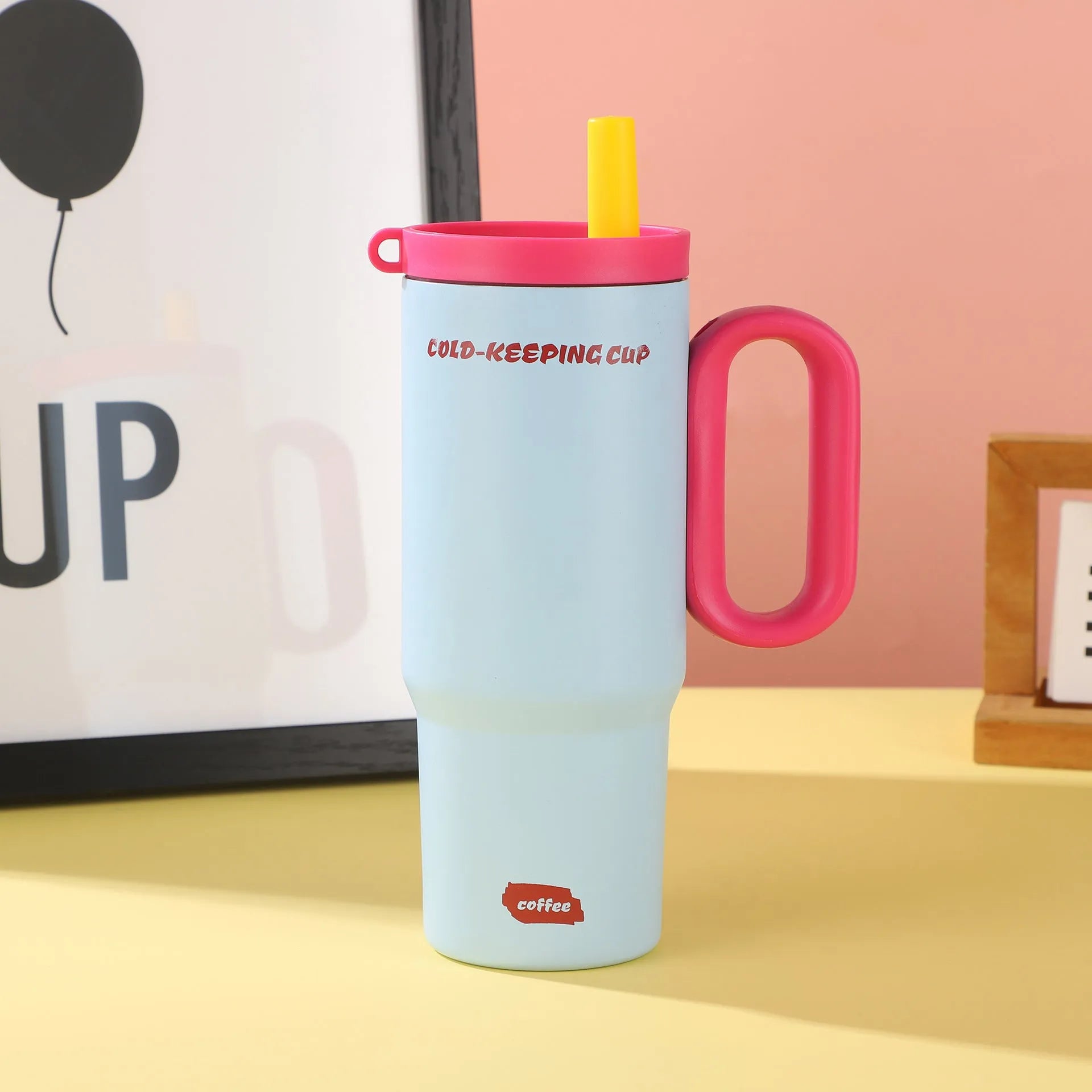Large portable ice bucket cup with handle and straw in five colour options: black, pink, sky blue, white, and yellow.