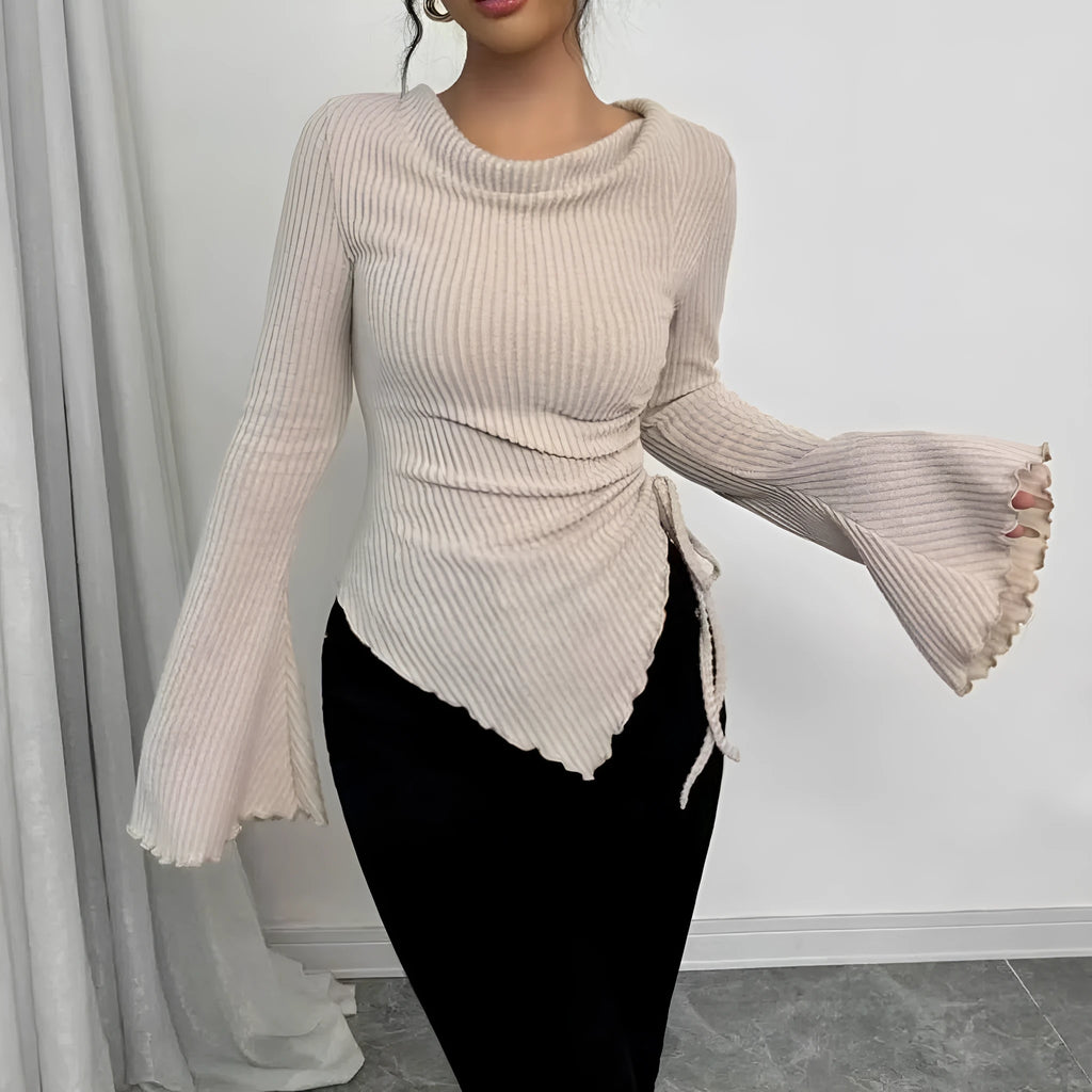 Women's rope slim pullover with long bell sleeves in apricot, light grey, black, or red