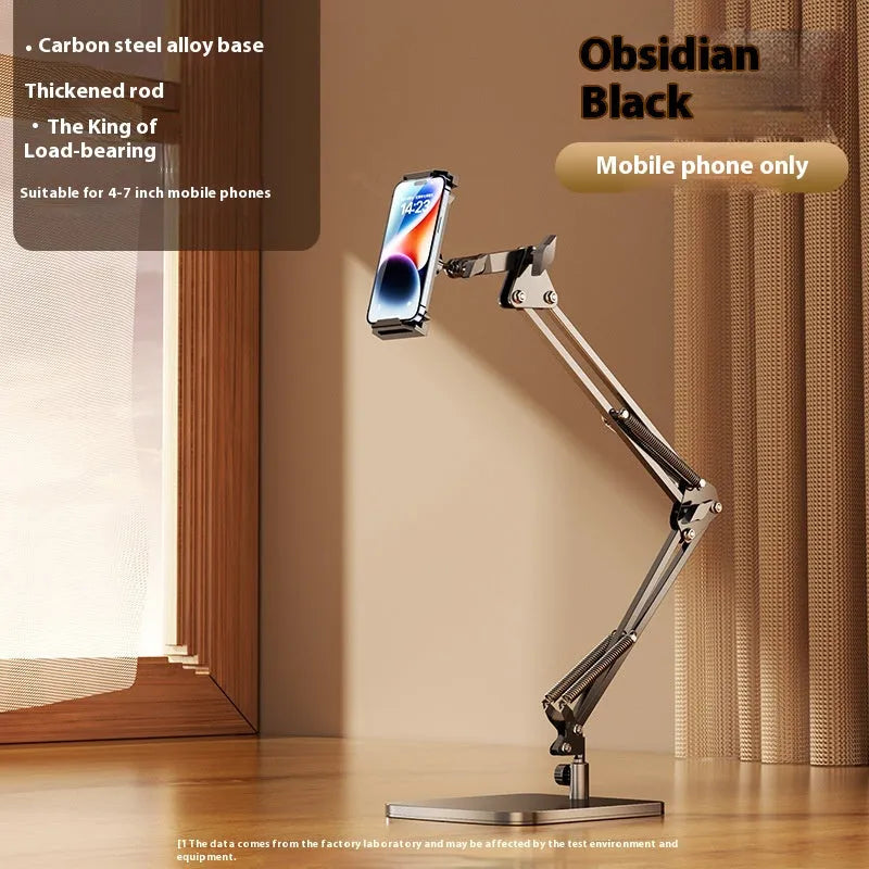 Universal alloy lazy bracket holding a mobile phone on a bedside table