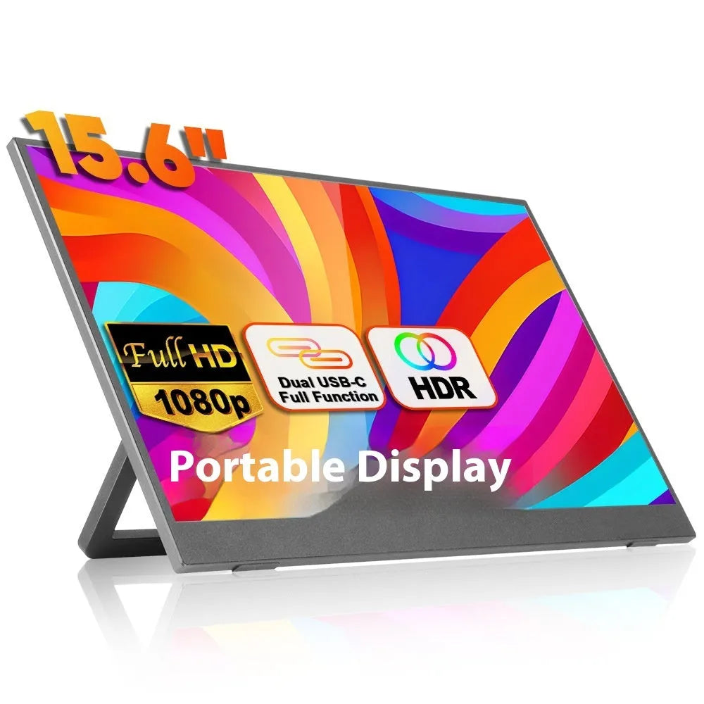 Black 15.6 inch portable monitor with adjustable stand on desk with connected cables