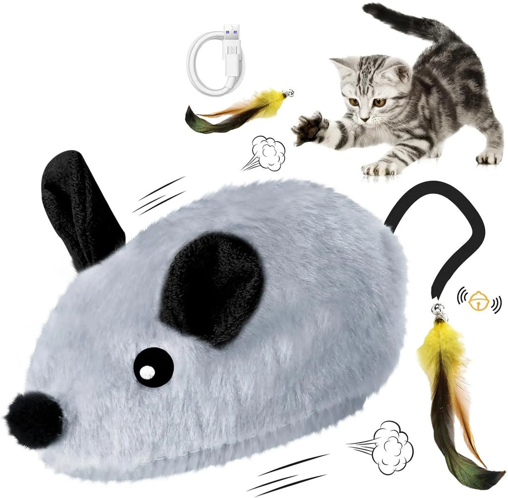 Grey and yellow plush electronic cat toy mouse with feather tail and LED lights