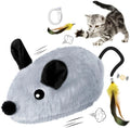 Grey and yellow plush electronic cat toy mouse with feather tail and LED lights