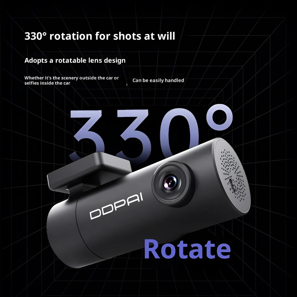 Mini Lite driving recorder with 1296p resolution and Starlight night vision, compact black body on windscreen